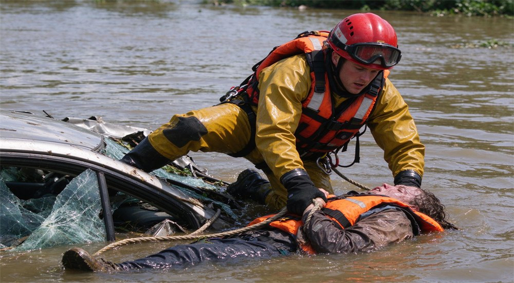 Action shot of flood rescue worker in full gear climbing over submerged car debris to pull victim, orange life jacket and red helmet Action shot of flood rescue worker in full gear climbing over submerged car debris to pull victim, orange life jacket and red helmet
