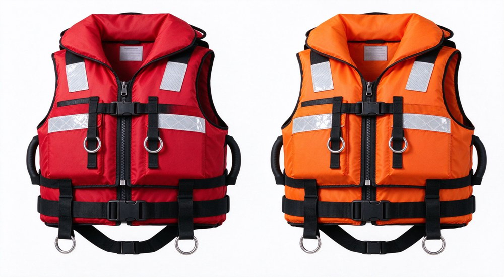 Product shot of two professional flood rescue life jackets in red and orange with quick-release harness, D-rings and reflective panels on white background Product shot of two professional flood rescue life jackets in red and orange with quick-release harness, D-rings and reflective panels on white background
