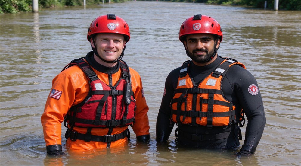 Side by side comparison of flood rescue worker in orange dry suit and another in black wetsuit, both wearing red helmets in shallow flood water Side by side comparison of flood rescue worker in orange dry suit and another in black wetsuit, both wearing red helmets in shallow flood water