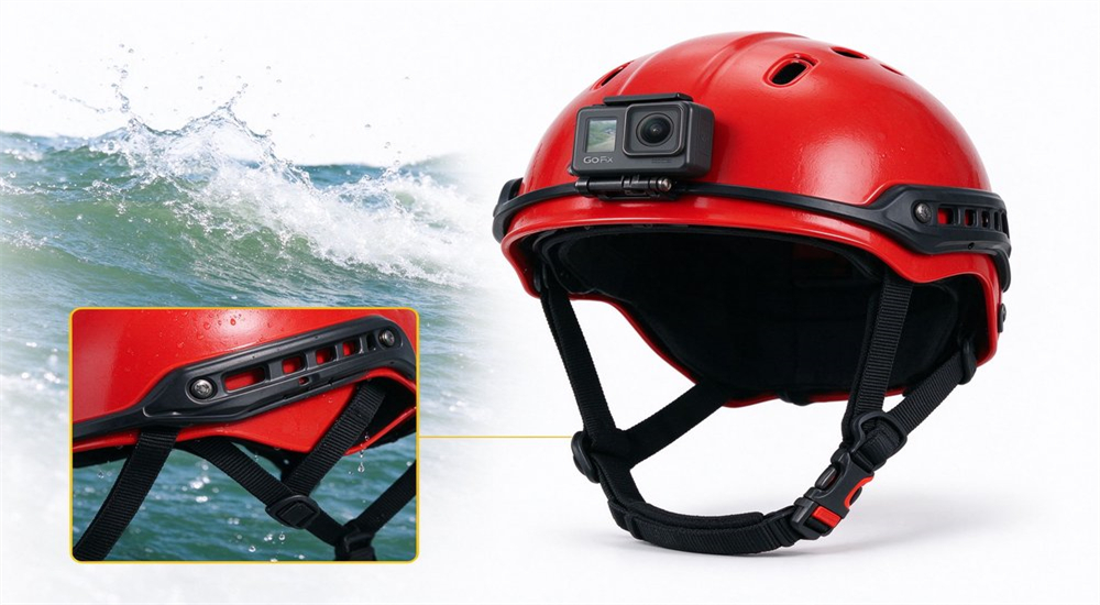 Product detail of red water rescue helmet with side accessory rails, GoPro mount, drainage vents and quick-release chin strap on white background Product detail of red water rescue helmet with side accessory rails, GoPro mount, drainage vents and quick-release chin strap on white background