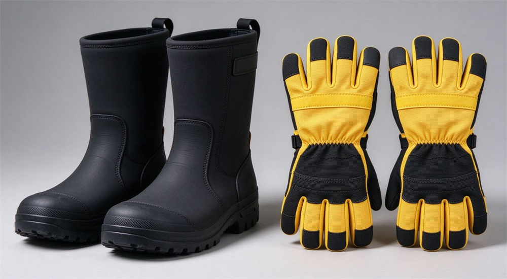 Product shot of black neoprene rescue boots with steel shank and yellow Kevlar-palm rescue gloves, displayed together on neutral background Product shot of black neoprene rescue boots with steel shank and yellow Kevlar-palm rescue gloves, displayed together on neutral background