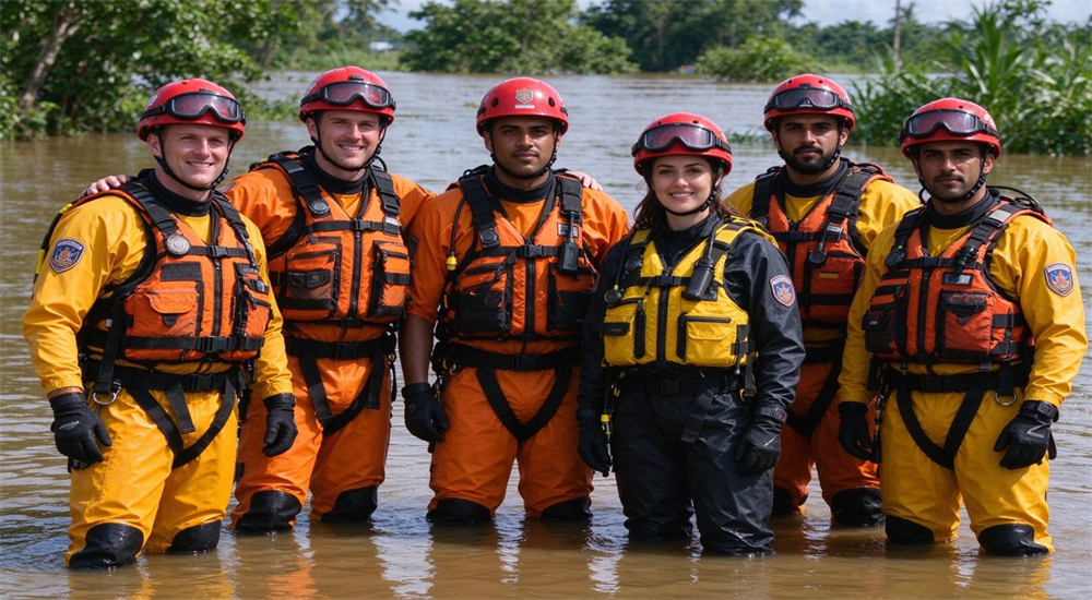 Group photo of six-member flood rescue team in full gear with mixed orange and yellow life jackets, diverse faces, standing in flood water Group photo of six-member flood rescue team in full gear with mixed orange and yellow life jackets, diverse faces, standing in flood water