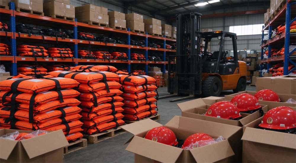 Wide shot of warehouse interior with bulk flood rescue gear inventory, stacks of orange life jackets and red helmets in open cardboard boxes Wide shot of warehouse interior with bulk flood rescue gear inventory, stacks of orange life jackets and red helmets in open cardboard boxes