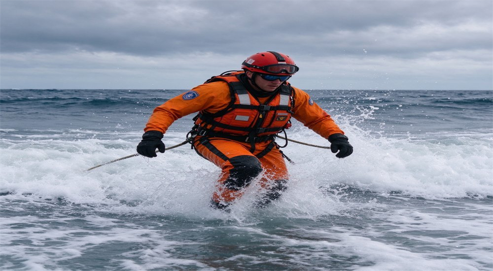 Coast guard rescue worker in orange life jacket and red helmet wading through breaking ocean surf during coastal emergency response operation