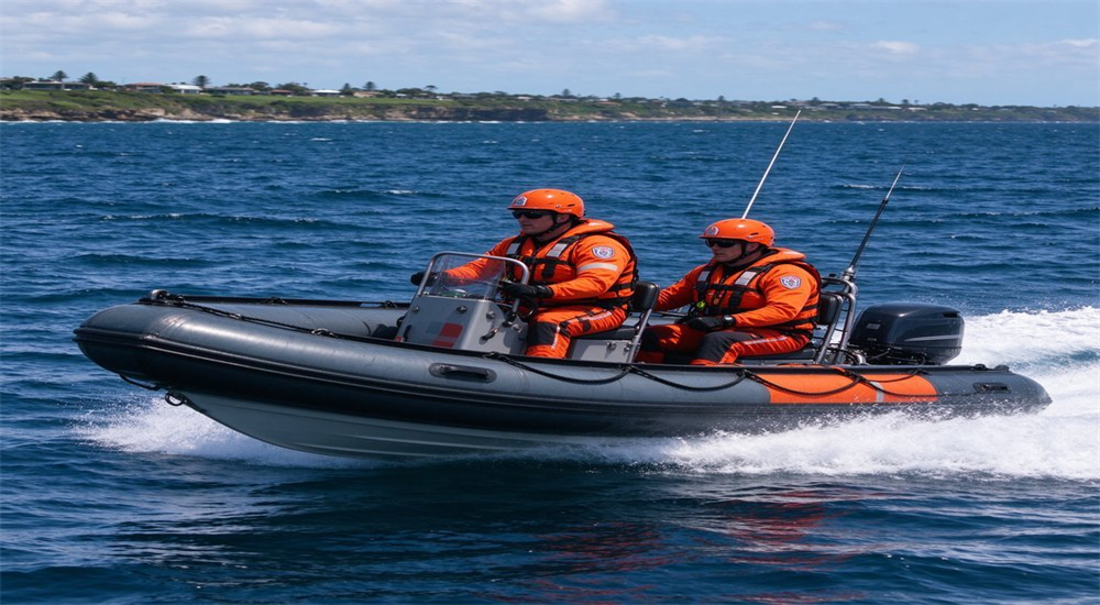 Coast guard RIB rigid inflatable boat with two rescue workers speeding through ocean waves during maritime search and rescue mission