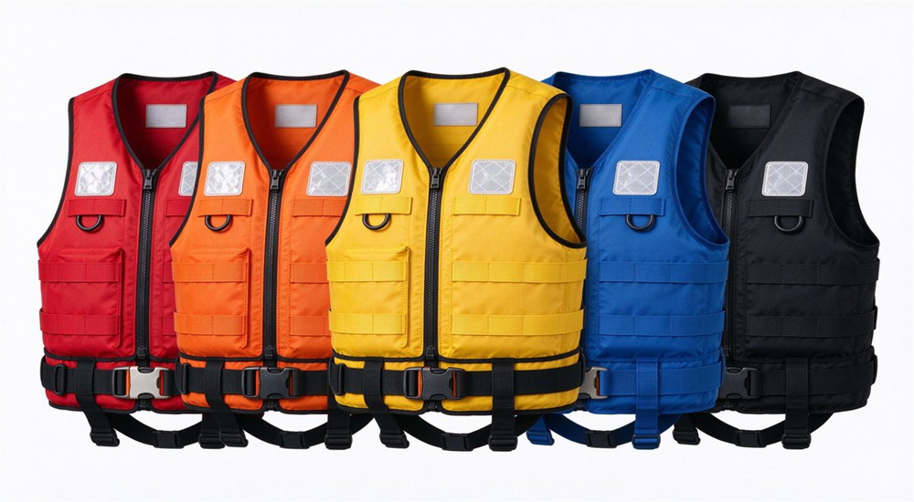 Five professional coastal rescue life jackets in red orange yellow blue and black with MOLLE webbing D-rings reflective panels and quick release buckles