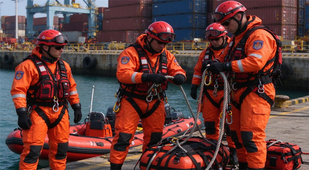 Coast guard rescue team in orange dry suits and red helmets preparing rescue equipment at industrial port dock with cargo containers