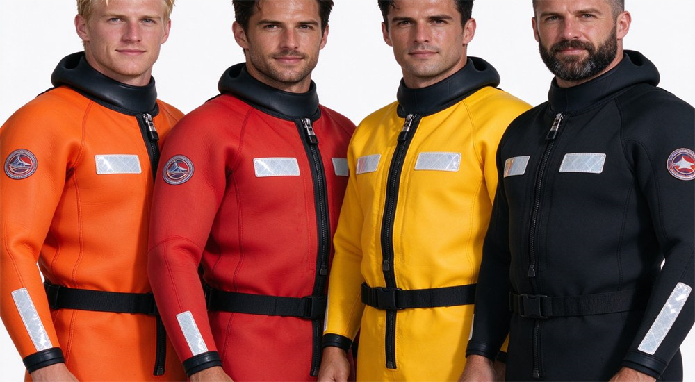 Four different real male models wearing professional water rescue dry suits in orange red yellow and black with latex neck seals and waterproof zippers