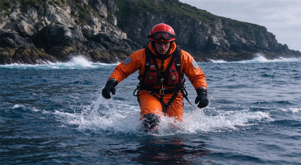 Coast guard rescue worker in orange dry suit and red helmet wading through cold ocean water near rocky coastline with waves splashing