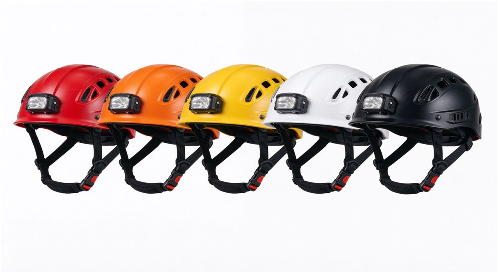 Five water rescue helmets in red orange yellow white and black with side accessory rails ventilation holes quick release chin straps and headlamp mounts