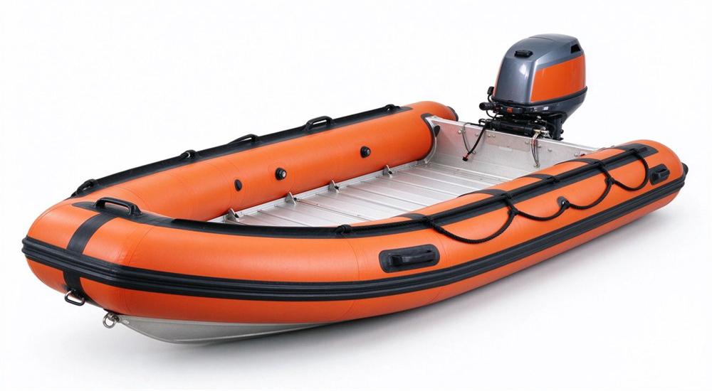 Professional inflatable rescue boat IRB with aluminum floor orange hypalon tubes multiple air chambers carry handles and outboard motor