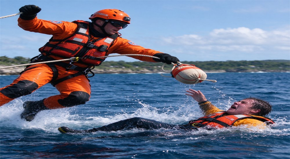 Coast guard rescue worker in orange life jacket throwing rescue throw bag to distressed person in ocean water during coastal emergency