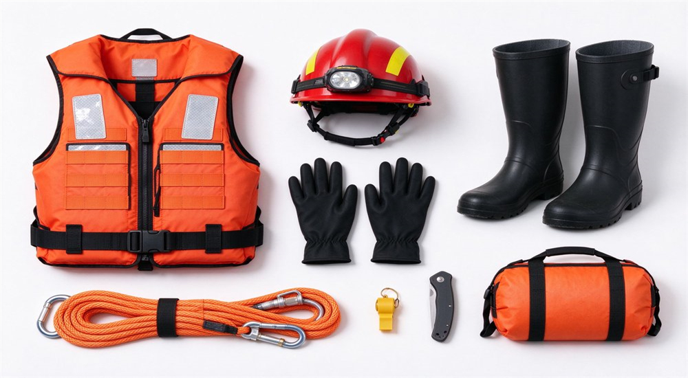 Complete coastal rescue PPE equipment flat lay with single orange life jacket red helmet black gloves boots rescue rope whistle knife and throw bag