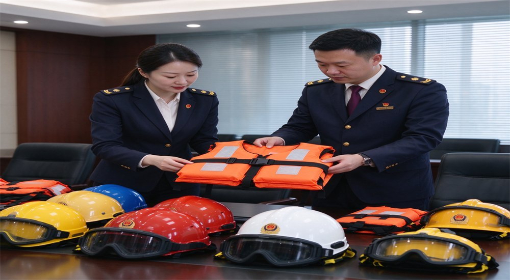 Two government procurement officials reviewing orange life jacket samples and multicolor helmets on conference table during tender evaluation