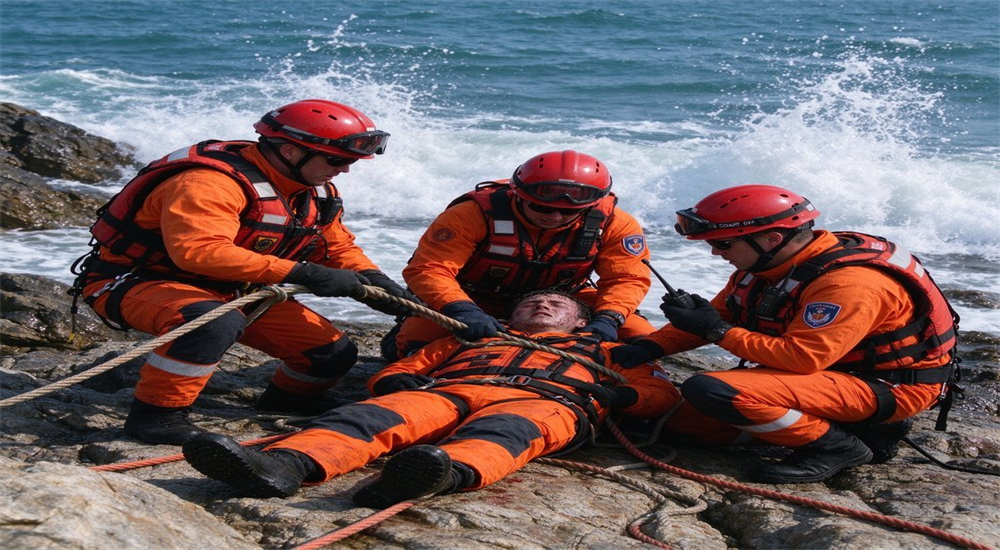 Three coast guard rescue workers in orange life jackets and red helmets performing rope rescue teamwork on rocky shoreline