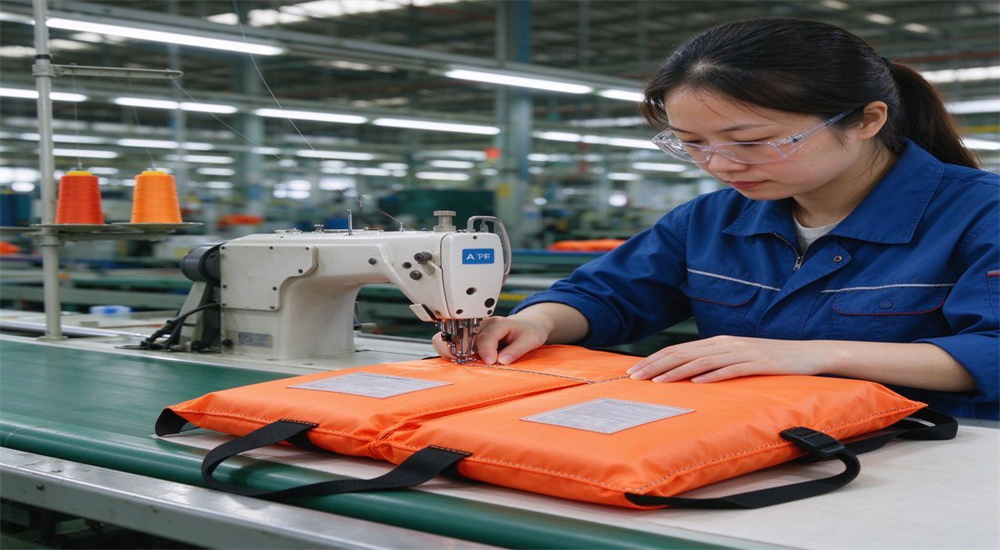 Asian female factory worker in blue uniform and safety goggles inspecting orange life jacket stitching quality on production line