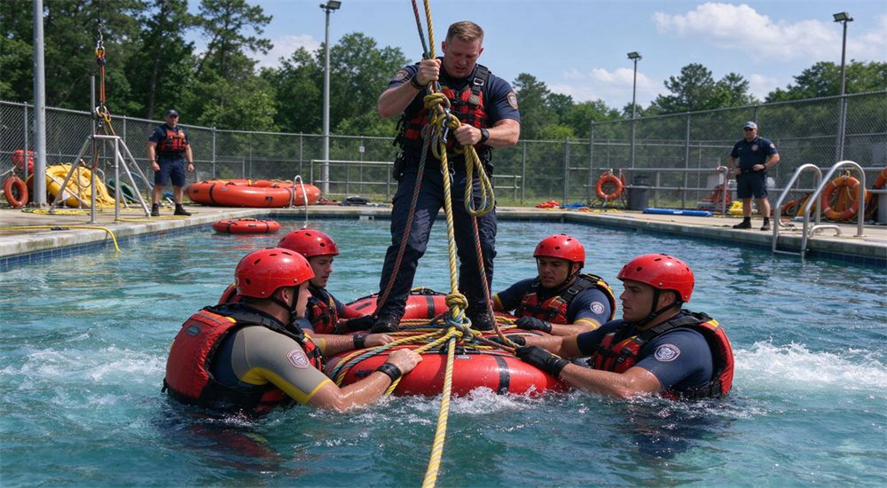 Water rescue training scene at outdoor facility, four rescue workers Caucasian and Hispanic with distinct faces wearing red water rescue helmets and life jackets practicing swiftwater rescue techniques in pool with instructor