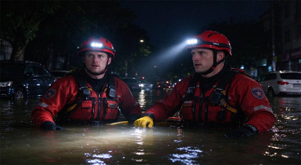 Night water rescue scene, two Caucasian male rescue workers with distinct faces wearing red water rescue helmets with LED headlamps, headlamp beams illuminating flood water at night in urban environment with submerged vehicles