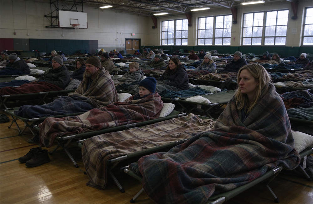 Bright school gymnasium emergency shelter with rows of folding cots, people wrapped in emergency wool blankets sitting on folding cots, lit only by natural daylight from large windows, no electric lights on during power outage