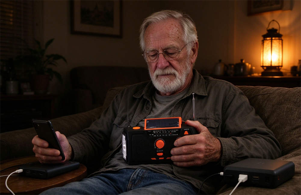 Elderly man at home during a power outage holding a hand-crank emergency radio and power bank charging his phone by lantern light