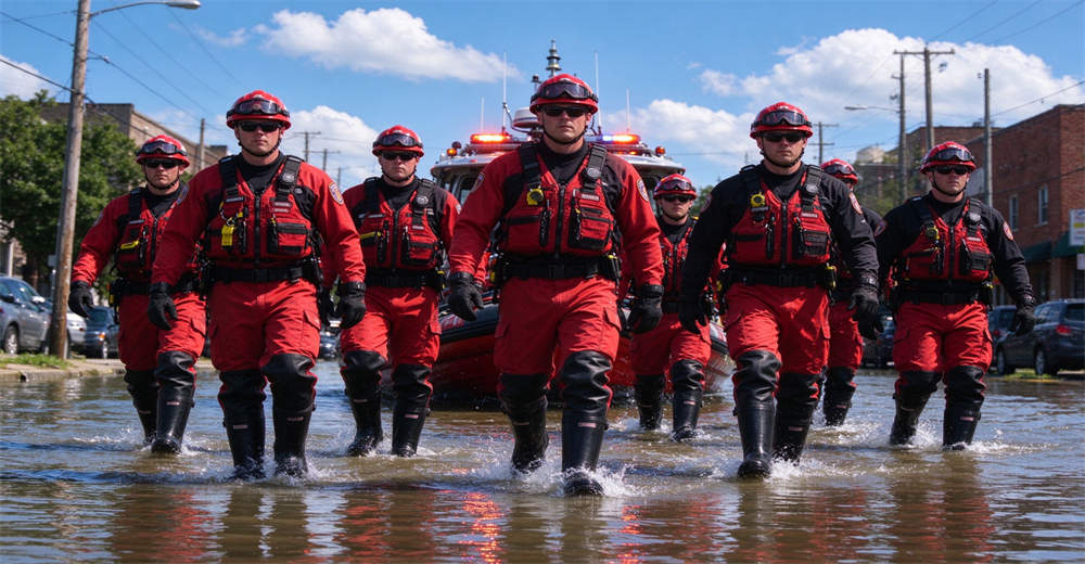 Water rescue team wading through deep floodwater wearing professional water rescue boots during emergency flood response operation