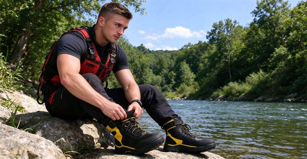 Rescue team member checking anti-slip grip on wading boots before entering fast moving river for swiftwater rescue