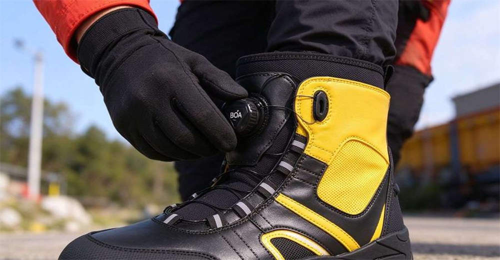 Close-up of BOA quick lace dial mechanism on rapid rescue boots for one handed adjustment during operations Close-up of BOA quick lace dial mechanism on rapid rescue boots for one handed adjustment during operations