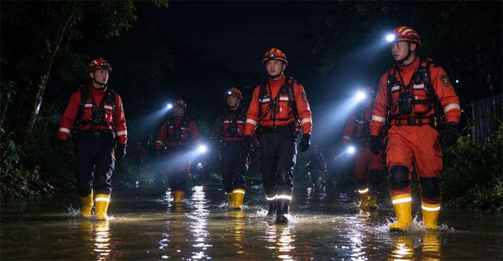 High visibility reflective water rescue boots worn during night flood rescue operation for low light visibility