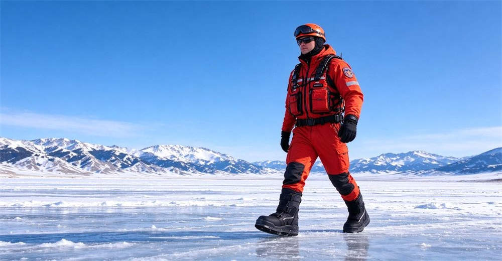 Ice rescue team wearing steel studded ice rescue boots walking on frozen lake during winter flood operation