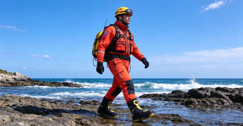 Rescue team wearing felt sole wading boots on rocky river shore during shallow water flood rescue Rescue team wearing felt sole wading boots on rocky river shore during shallow water flood rescue