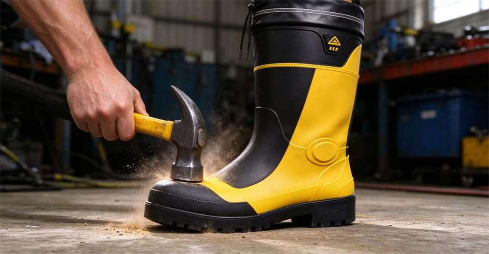 Hammer striking steel toe cap demonstrating impact resistance of waterproof rescue boots for safety Hammer striking steel toe cap demonstrating impact resistance of waterproof rescue boots for safety