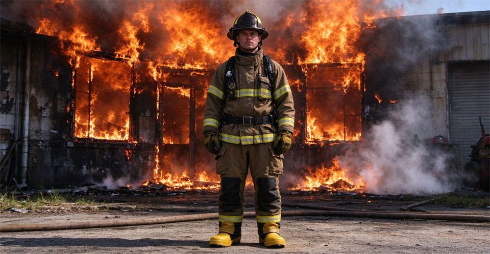 Firefighter wearing heat resistant rescue boots standing near controlled fire training area