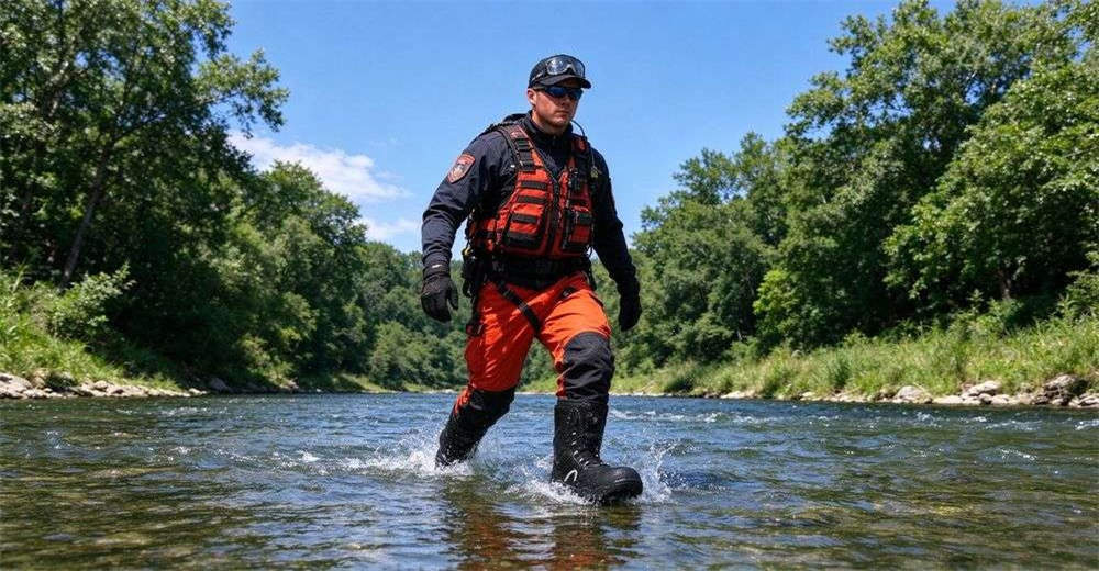 Rescue team wearing lightweight wading boots wading through shallow river during training exercise Rescue team wearing lightweight wading boots wading through shallow river during training exercise