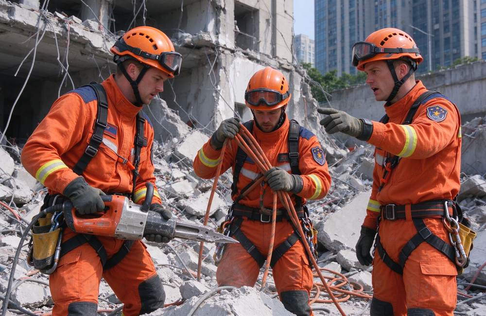 Eye-level view of technical rescue team in orange rescue clothing working at collapse scene for emergency rescue clothing wholesale supply to rescue organizations Eye-level view of technical rescue team in orange rescue clothing working at collapse scene for emergency rescue clothing wholesale supply to rescue organizations