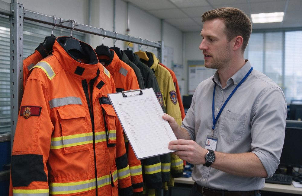 Overhead view of rescue suit standard certificate document for technical orange rescue clothing compliance verification and rescue clothing export quality confirmation for rescue clothing wholesale buyers