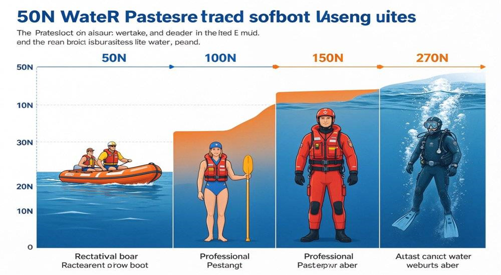 Buoyancy rating chart infographic showing 50N 100N 150N and 270N levels with recommended user types and water conditions for each rating Buoyancy rating chart infographic showing 50N 100N 150N and 270N levels with recommended user types and water conditions for each rating
