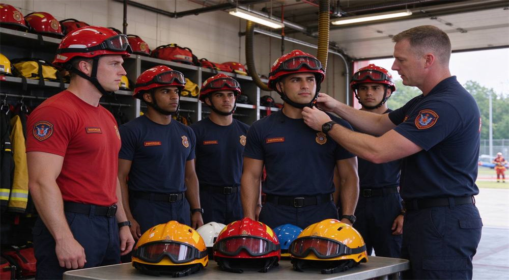 Rescue team fitting and sizing scene with multiple members trying on different PFD sizes and adjusting straps for proper operational fit Rescue team fitting and sizing scene with multiple members trying on different PFD sizes and adjusting straps for proper operational fit