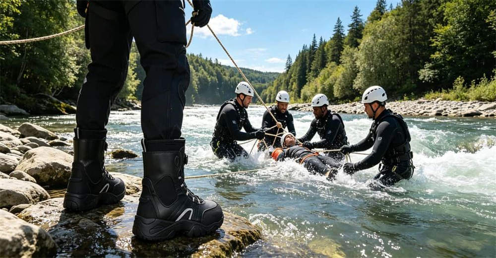 Rescue team wading through rushing river wearing BOA quick lace water rescue boots for swift water rescue operations and emergency response worldwide