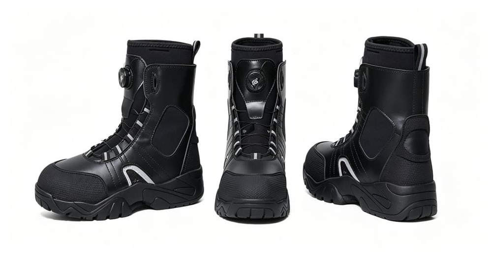 Three-view of BOA quick lace water rescue boots showing front side and outsole on pure white background for wholesale emergency footwear supply Three-view of BOA quick lace water rescue boots showing front side and outsole on pure white background for wholesale emergency footwear supply