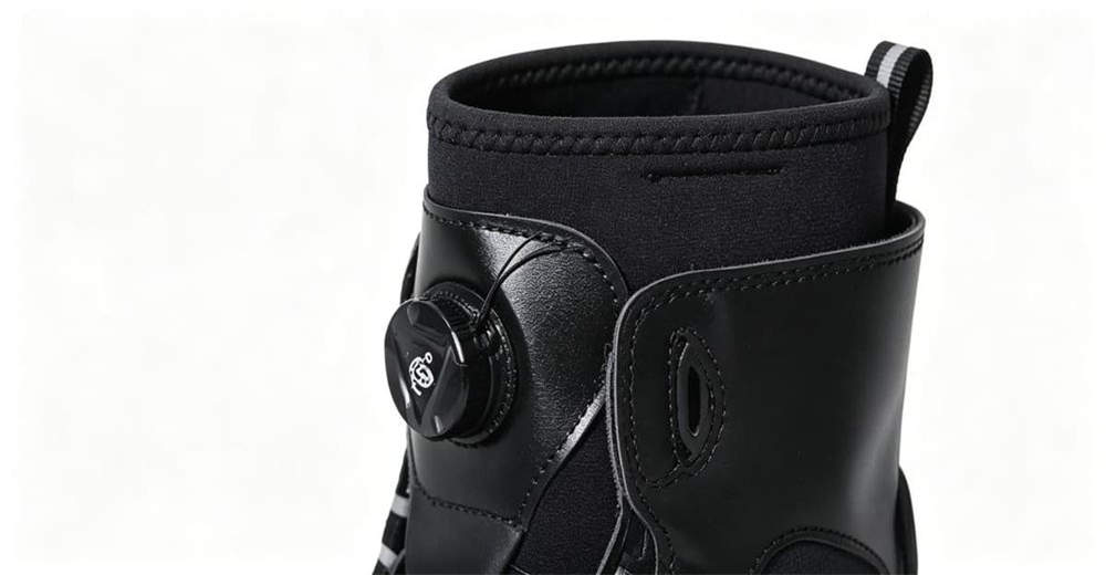 Close-up of feet in BOA quick lace water rescue boots walking in shallow river water, showing quick drainage and non-slip outsole design