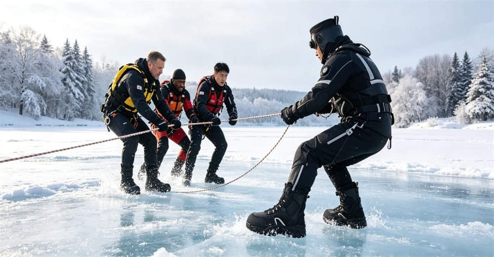 Rescue team training on river shore wearing BOA quick lace water rescue boots, practicing swift water rescue techniques and readiness