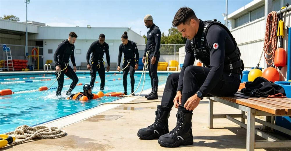 Rescue team checking emergency equipment on river bank wearing BOA quick lace water rescue boots, preparing for upcoming flood rescue operations