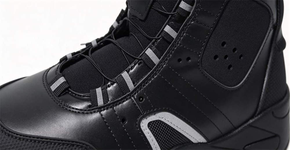 Close-up of deep lug outsole on BOA quick lace water rescue boots, designed for maximum traction on wet rocky and uneven terrain