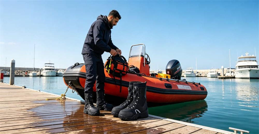 Urban flood rescue scene, rescuer wearing BOA quick lace water rescue boots walking through chest-deep muddy flood water safely for professional rescue teams worldwide.