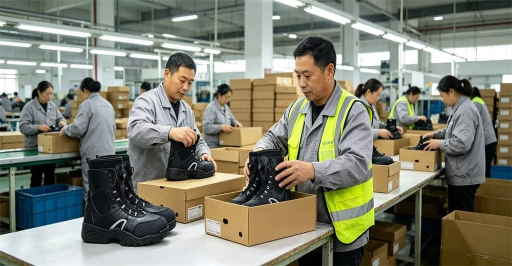Export cardboard box with BOA quick lace water rescue boots inside, ready for wholesale shipment to international rescue organizations for professional rescue teams worldwide.