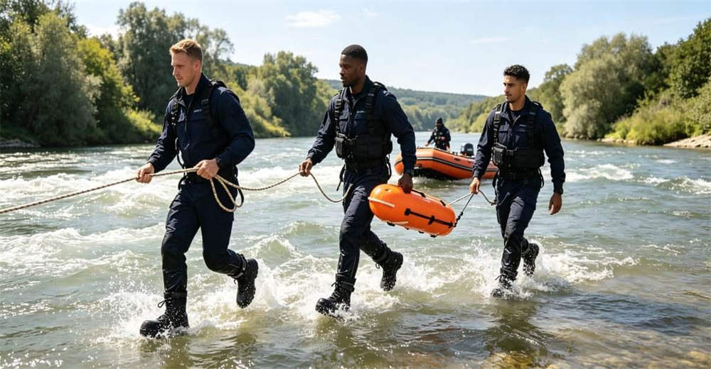Rescue team wading through rushing river wearing black leather water rescue boots for swift water rescue operations and emergency response worldwide