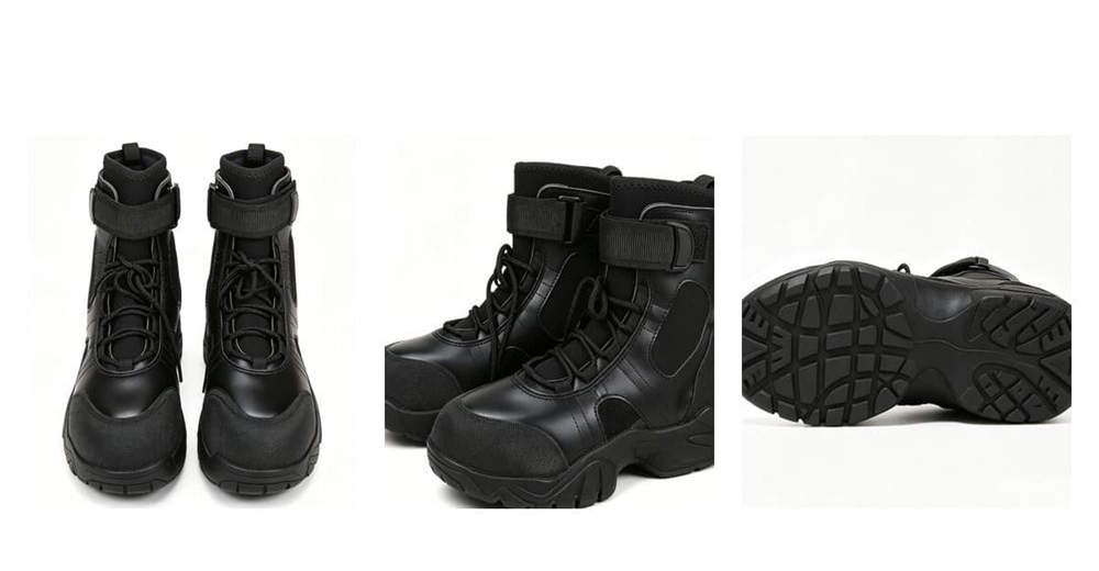Three-view of black leather water rescue boots showing front side and outsole on pure white background for wholesale emergency footwear supply Three-view of black leather water rescue boots showing front side and outsole on pure white background for wholesale emergency footwear supply