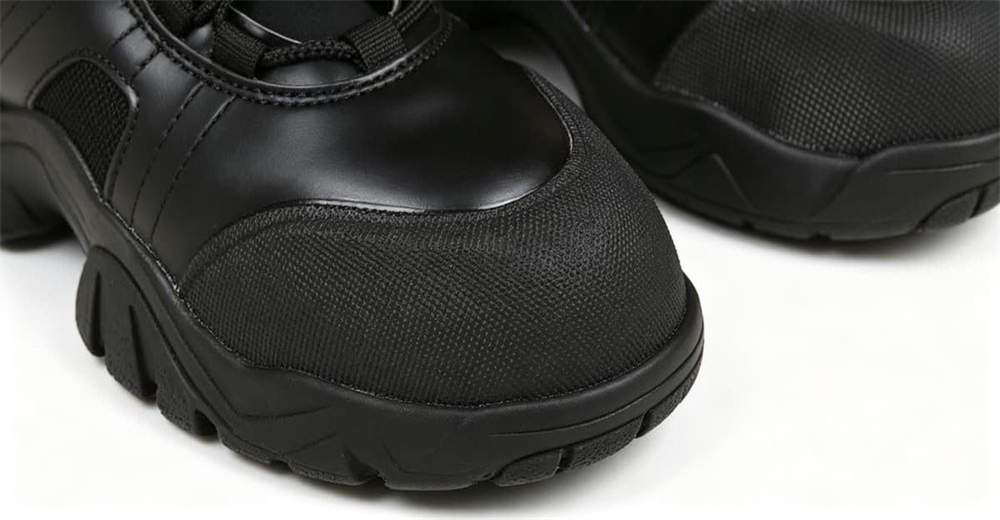 Close-up of feet in black leather water rescue boots walking in shallow river water, showing quick drainage and non-slip outsole design Close-up of feet in black leather water rescue boots walking in shallow river water, showing quick drainage and non-slip outsole design