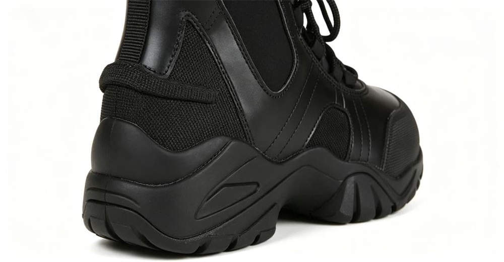 Close-up detail of black leather water rescue boots showing adjustable strap and lace-up closure and premium materials built for emergency rescue operations Close-up detail of black leather water rescue boots showing adjustable strap and lace-up closure and premium materials built for emergency rescue operations