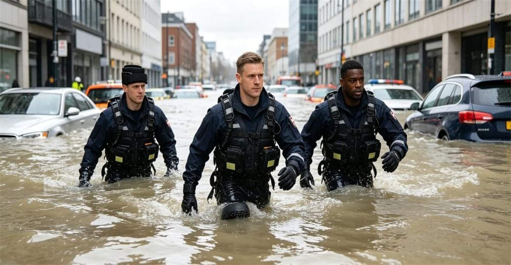 Firefighter wading through urban flood water wearing black leather water rescue boots for emergency flood rescue and response operations for professional rescue teams worldwide. Firefighter wading through urban flood water wearing black leather water rescue boots for emergency flood rescue and response operations for professional rescue teams worldwide.
